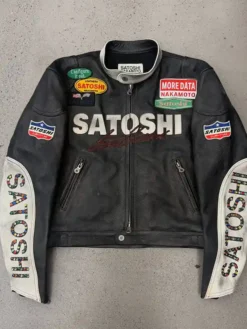 Satoshi Nakamoto Black Cafe Racer Leather Jacket featuring snap-tab collar and YKK zipper closure