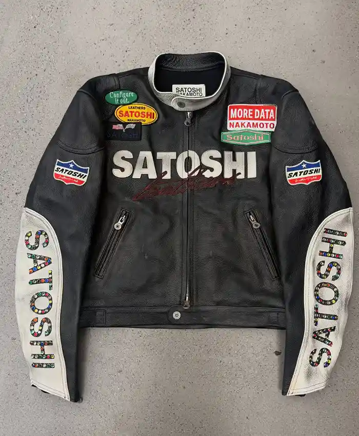 Satoshi Nakamoto Black Cafe Racer Leather Jacket featuring snap-tab collar and YKK zipper closure