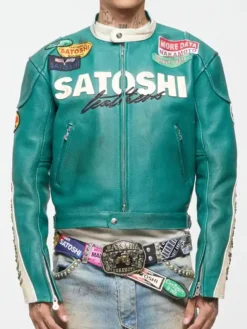 Satoshi Nakamoto Green Cafe Racer Leather Jacket featuring snap-tab collar and YKK zipper closure