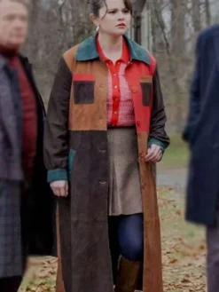Selena Gomez Only Murders In The Building S04 Colorblock Suede Leather Coat front view