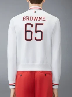 Shop Thom Browne 65 Intarsia White Wool Bomber Jacket Back View