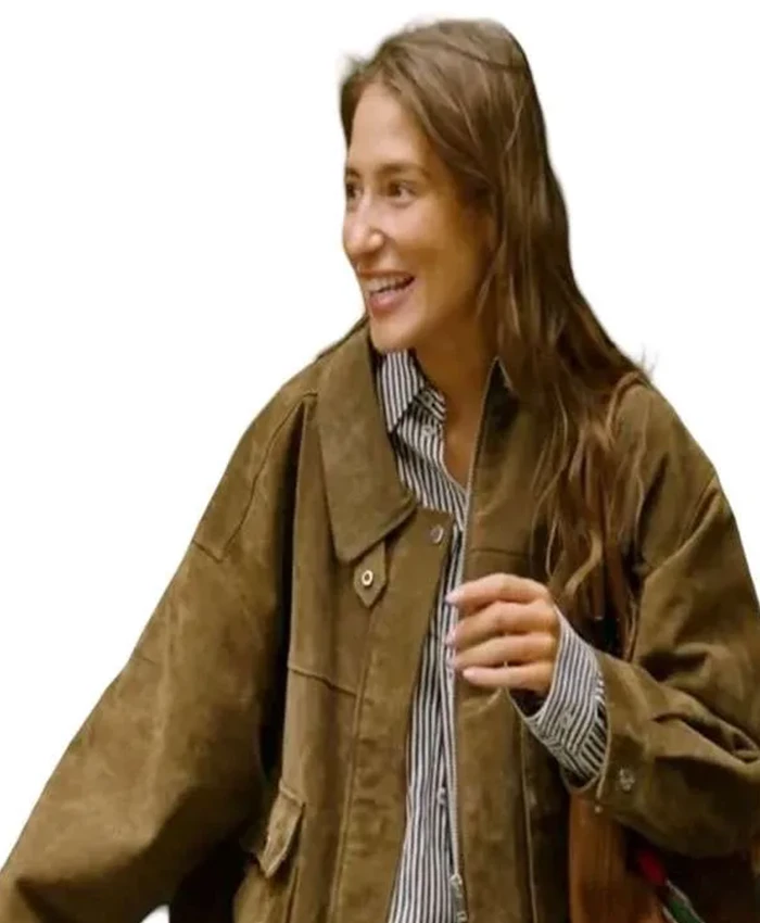 Side view of Amanda Batula In the City S01 Brown Suede Leather Jacket