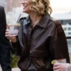Side view of In the City S01 Lindsay Hubbard Brown Leather Bomber Jacket