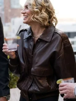 Side view of In the City S01 Lindsay Hubbard Brown Leather Bomber Jacket
