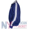Side view showing full length sleeves and rib-knitted cuffs on retro blue grey jacket