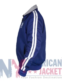 Side view showing full length sleeves and rib-knitted cuffs on retro blue grey jacket