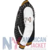 Singer Lady Gaga Black and Off-White Varsity Jacket featuring rib-knit collar and snap-tab closure