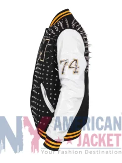 Singer Lady Gaga Black and Off-White Varsity Jacket featuring rib-knit collar and snap-tab closure