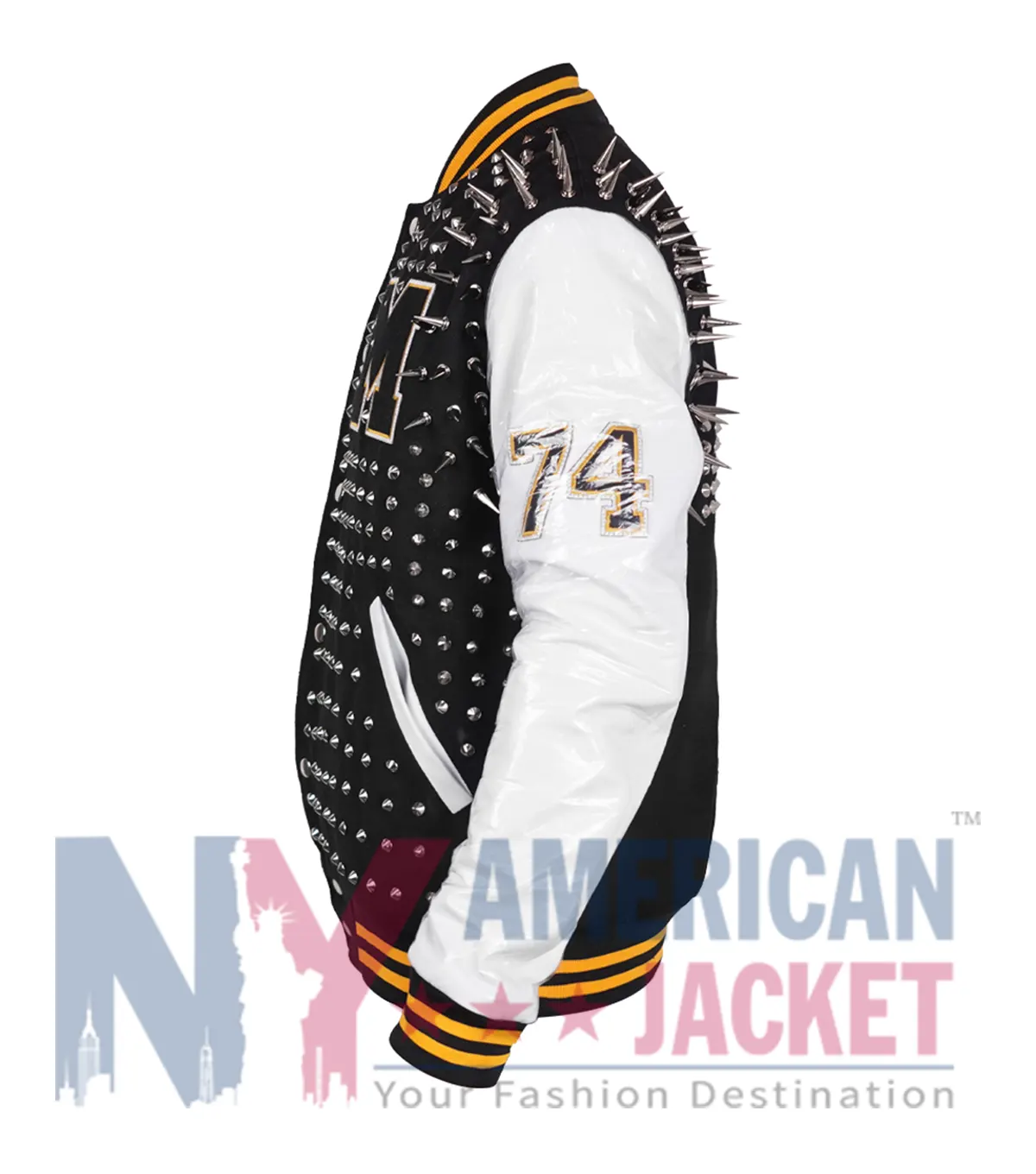 Singer Lady Gaga Black and Off-White Varsity Jacket featuring rib-knit collar and snap-tab closure