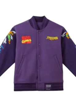 Spider-Man Retro Purple Wool 90 Varsity Jacket Front View