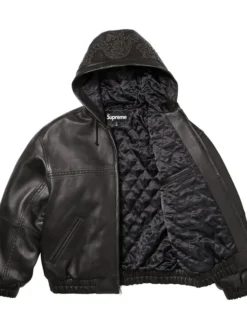 Supreme-Studded-Black-Leather-Bomber-Jacket-With-Hood