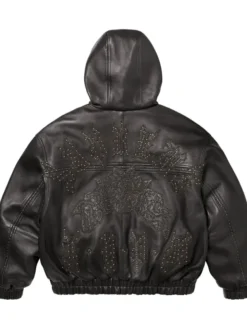 Supreme-Studded-Hooded-Black-Leather-Bomber-Jacket-Back-View