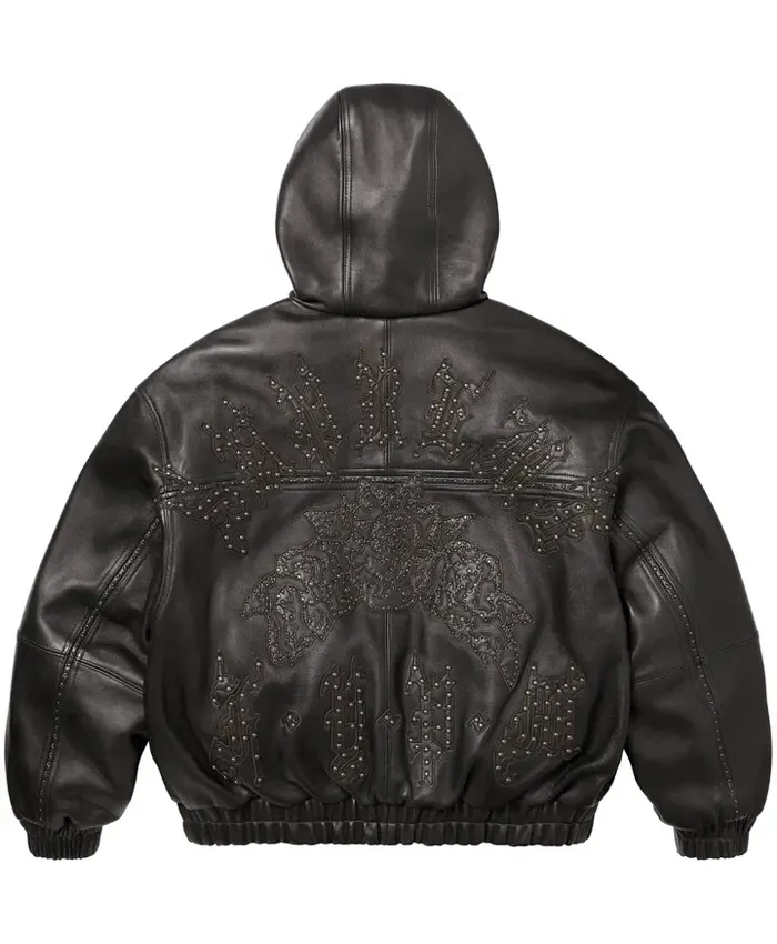 Supreme-Studded-Hooded-Black-Leather-Bomber-Jacket-Back-View