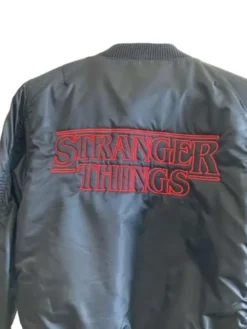 TV-Series Stranger Things Black Satin Bomber Crew Jacket Back View