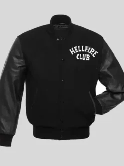 TV-Series Stranger Things Hellfire Club Black Varsity Leather Jacket front view