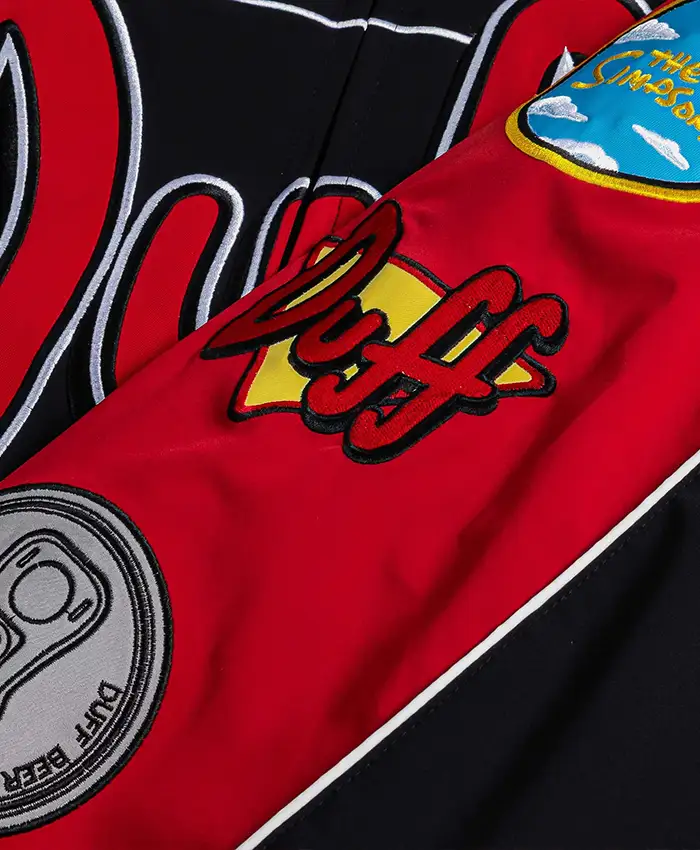 The Simpsons Duff Man Cotton Racing Bomber Jacket with YKK zipper and rib-knit cuffs