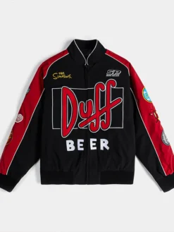 The Simpsons x Shoe Palace Duff Man Black and Red Cotton Racing Bomber Jacket front view