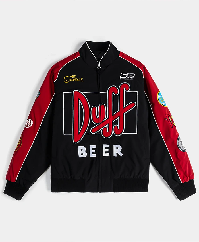 The Simpsons x Shoe Palace Duff Man Black and Red Cotton Racing Bomber Jacket front view