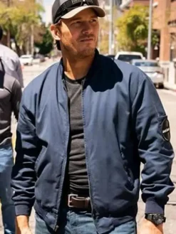 The Terminal List Chris Pratt Blue Cotton Bomber Jacket full-length sleeve design