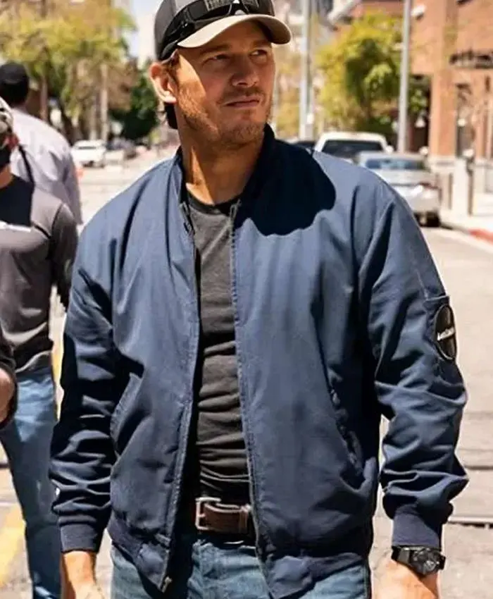 The Terminal List Chris Pratt Blue Cotton Bomber Jacket full-length sleeve design