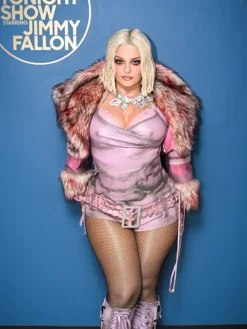 The Tonight Show Starring Jimmy Fallon Bebe Rexha Pink Faux Fur Jacket front view