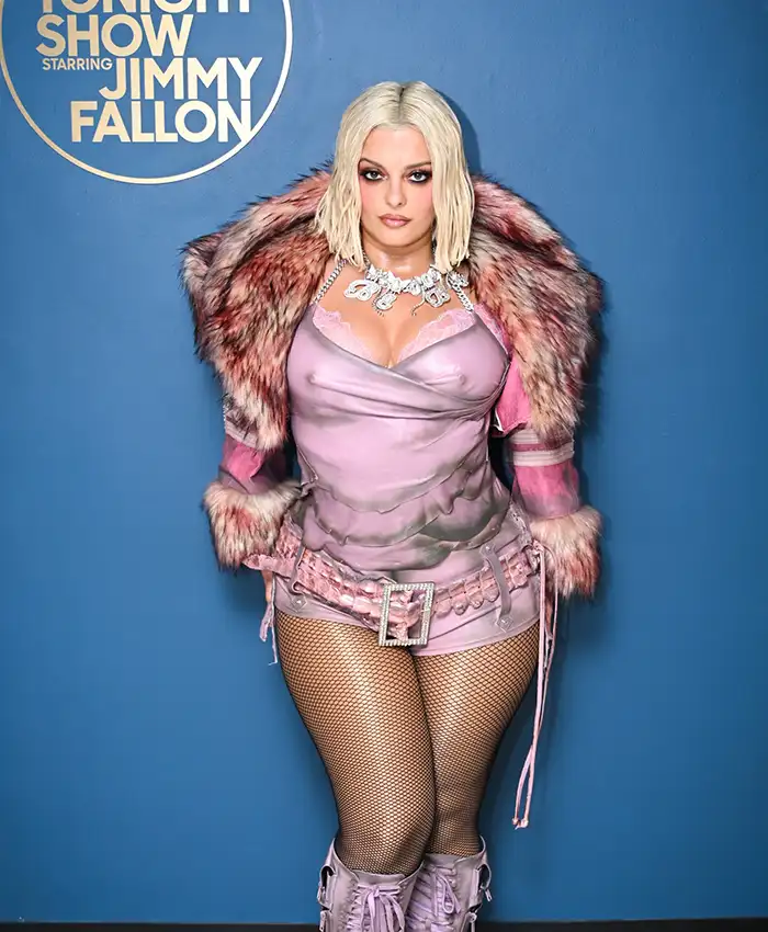 The Tonight Show Starring Jimmy Fallon Bebe Rexha Pink Faux Fur Jacket front view