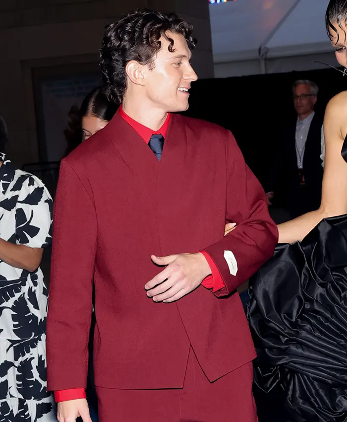 Tom Holland Spider-Man Brand New Day red suit featuring tailored blazer and matching trousers