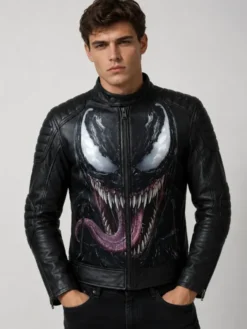 Venom Black Cafe Racer Leather Jacket with snap-tab collar and YKK zipper details