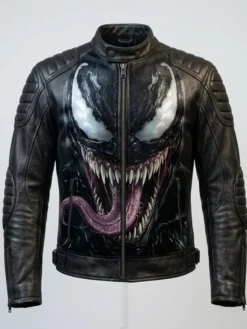 Venom Halloween Black Cafe Racer Biker Leather Jacket front view