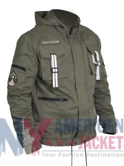 Vow of The Disciple Green Raid Jacket in olive cotton with erect hood and elastic-knit cuffs
