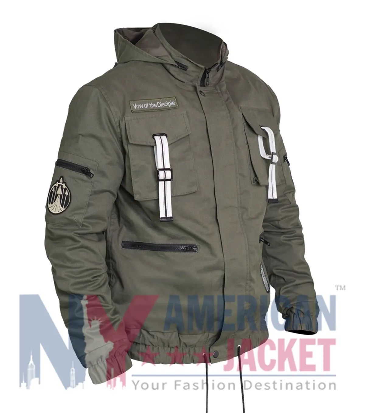 Vow of The Disciple Green Raid Jacket in olive cotton with erect hood and elastic-knit cuffs