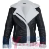Womens Black Aviator Jacket featuring cream shearling trim and asymmetrical zipper closure