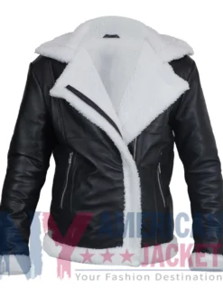 Womens Black Aviator Jacket featuring cream shearling trim and asymmetrical zipper closure