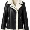 Womens Black Aviator Leather Jacket with Cream Shearling Trim