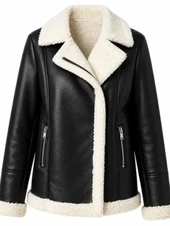 Womens Black Aviator Leather Jacket with Cream Shearling Trim
