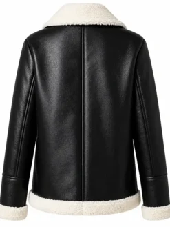 Womens Black Aviator Leather Jacket with Cream Shearling Trim Back View