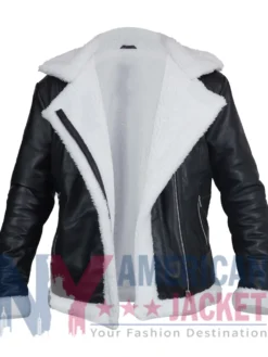 Womens Black Aviator Leather Jacket with Cream Shearling Trim front view design
