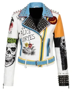 Women’s Gothic Printed Patches Leather Jacket