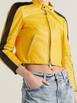 Yellow-Balenciaga-Cropped-Leather-Jacket-Women