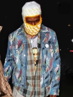 A$AP Rocky Inspired Multicolor Scribbled Artwork Denim Jacket featuring button closure and classic collar