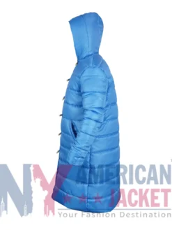 Adam Sandler Blue Puffer Hooded Jacket with parachute fabric, elastic cuffs, and hook and loop closure
