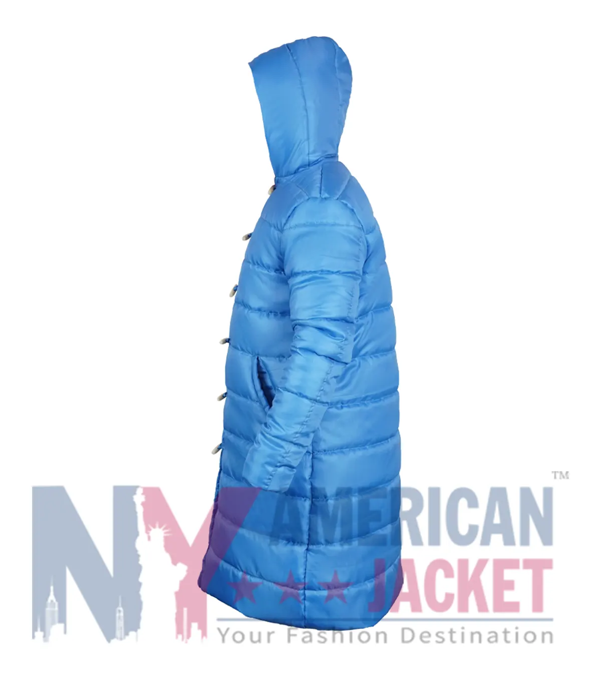 Adam Sandler Blue Puffer Hooded Jacket with parachute fabric, elastic cuffs, and hook and loop closure
