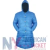 Adam Sandler Little Nicky Blue Padded Long Puffer Hooded Jacket front view with movie-inspired design