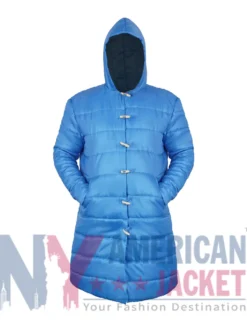 Adam Sandler Little Nicky Blue Padded Long Puffer Hooded Jacket front view with movie-inspired design