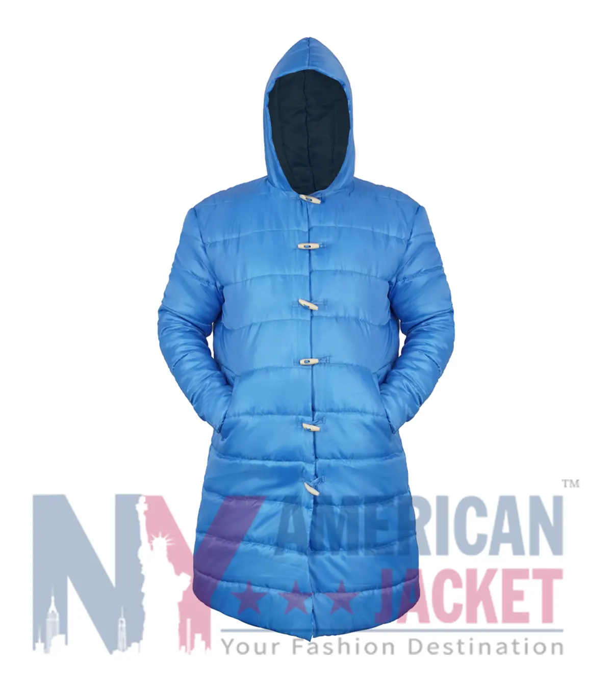 Adam Sandler Little Nicky Blue Padded Long Puffer Hooded Jacket front view with movie-inspired design