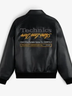 Aimé Leon Dore Fall-Winter 2026 Technics Black Leather Varsity Jacket back view