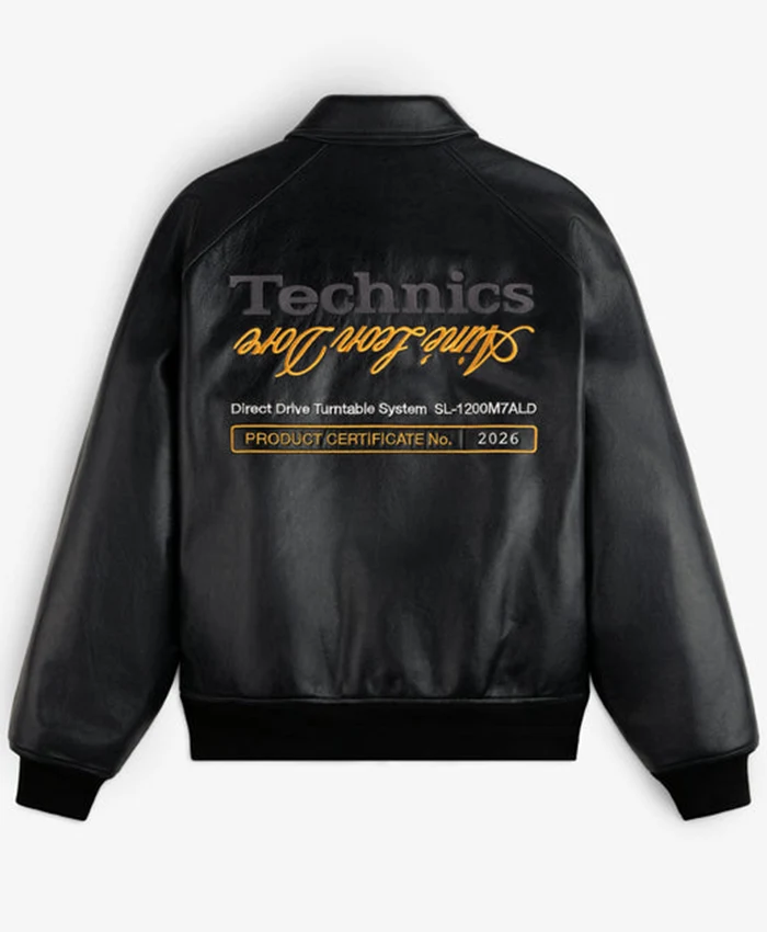 Aimé Leon Dore Fall-Winter 2026 Technics Black Leather Varsity Jacket back view