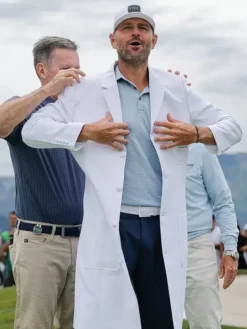American Century Championship 2026 Mardy Fish White Suiting Fabric Lab Coat front view