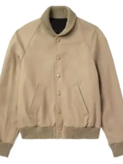 Annette Bening Series Lucky S01 Beige Cotton Bomber Jacket front view