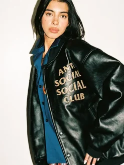 Anti Social Social Club Fall-Winter 2026 Capsule 2 Black Leather Varsity Jacket front view